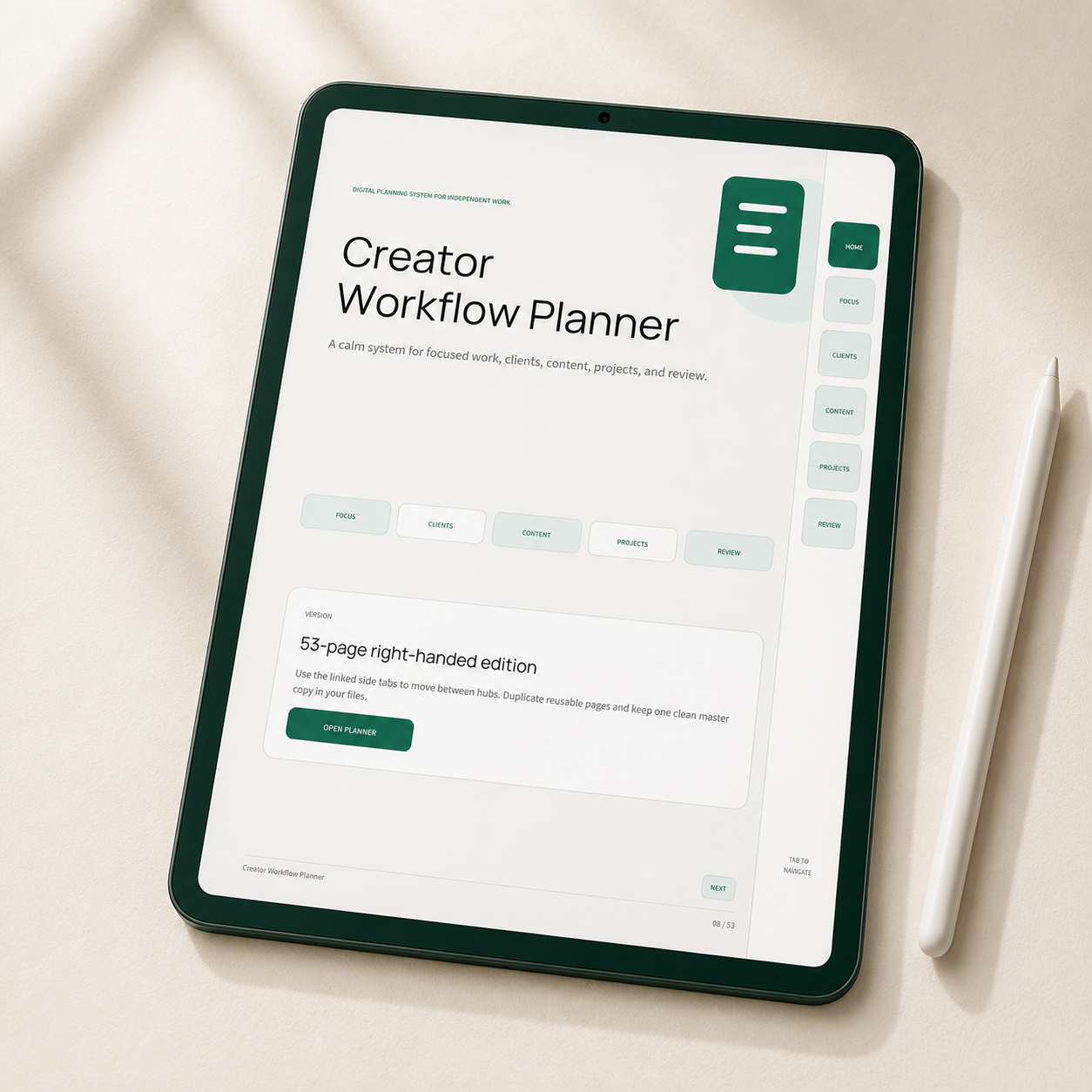 The Creator Workflow Planner open on a tablet beside a stylus
