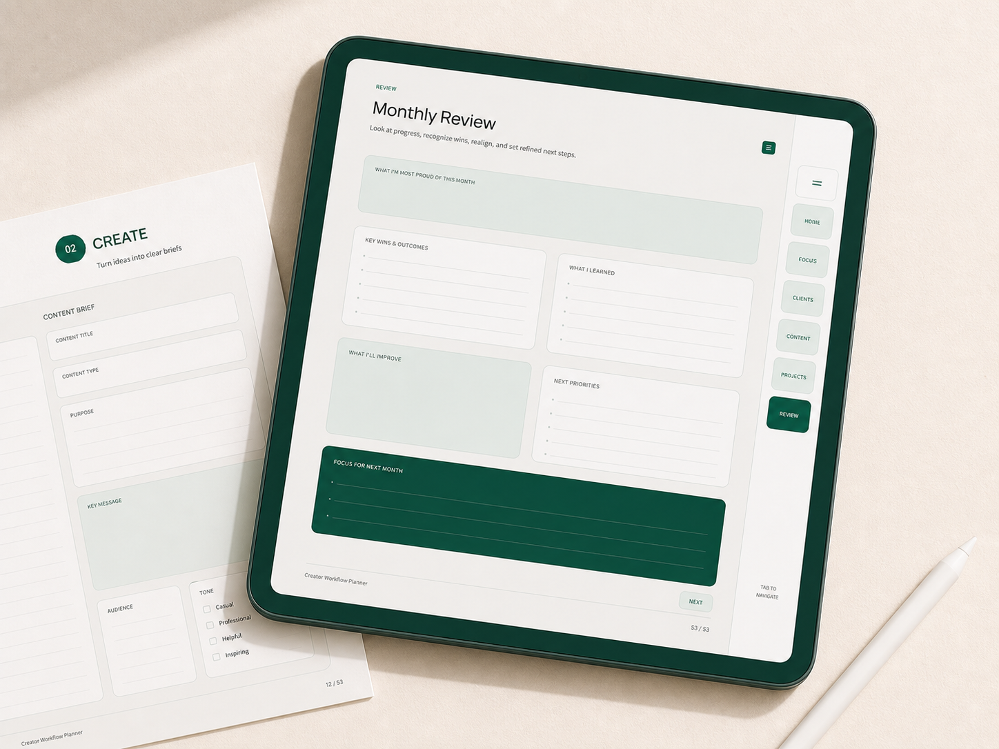 The Monthly Review page of the CEVORAINE planner displayed on a tablet beside a content brief