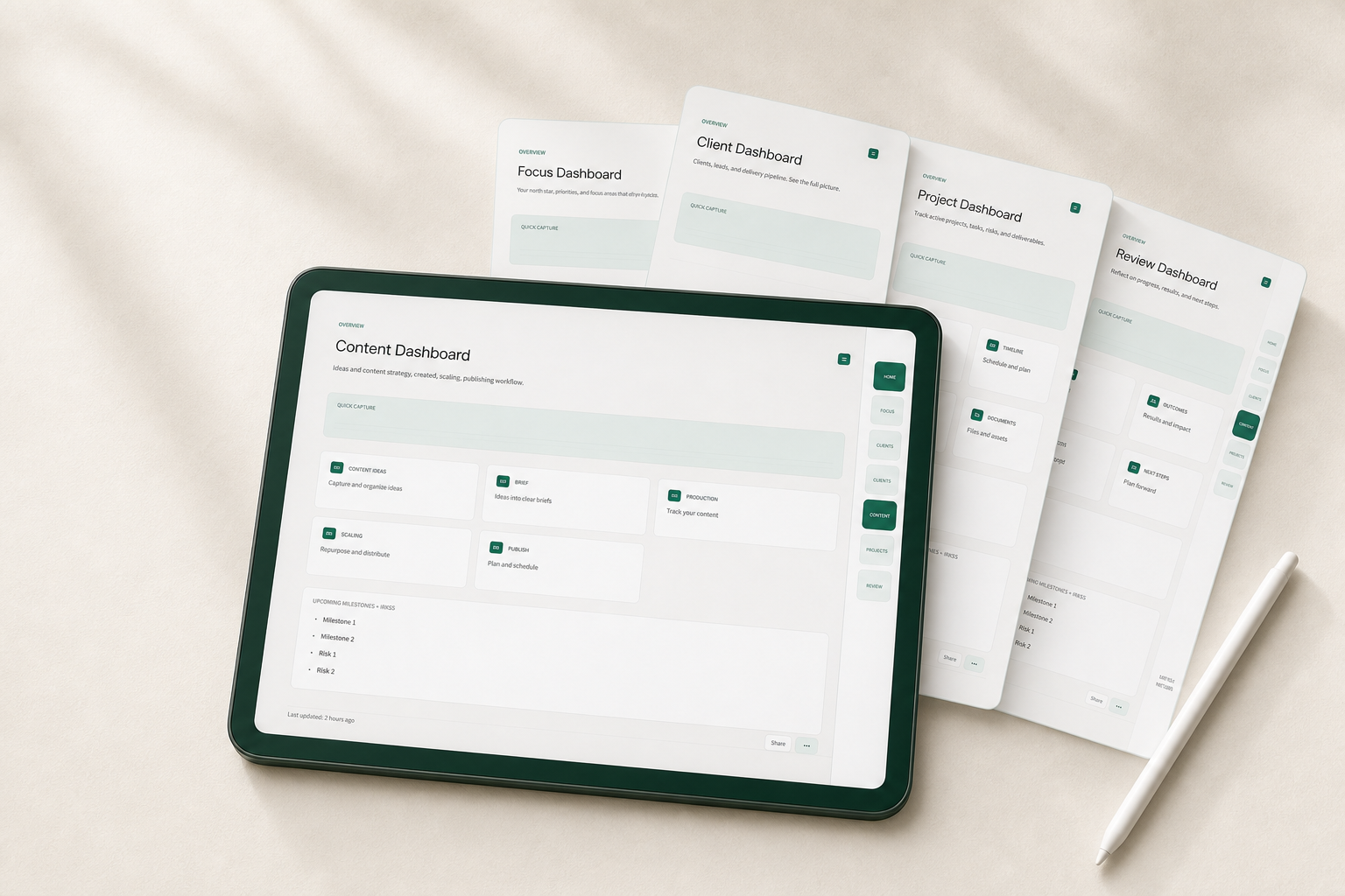The CEVORAINE Content dashboard on a tablet with four connected planner dashboards behind it