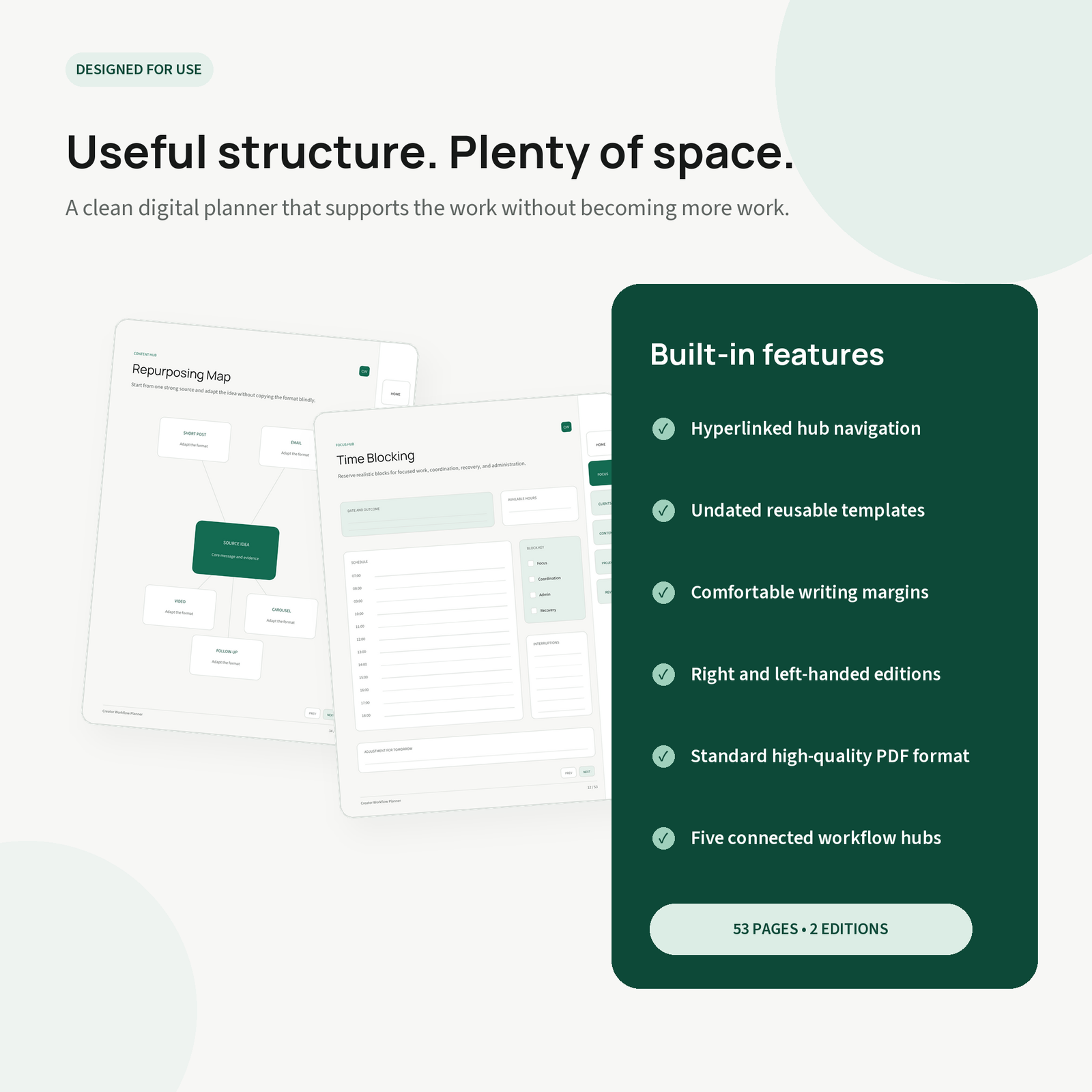 Hyperlinks, reusable pages, calm layout, and 53-page product features