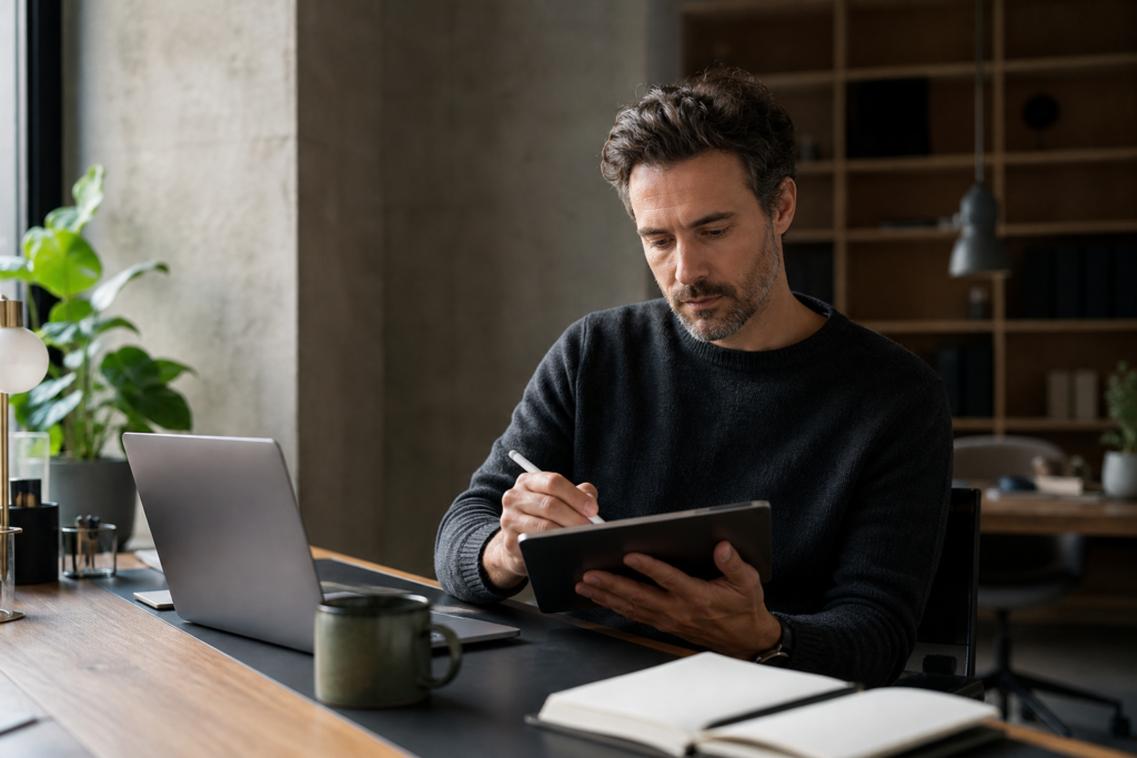 Independent professional reviewing the CEVORAINE digital planner in a calm workspace.